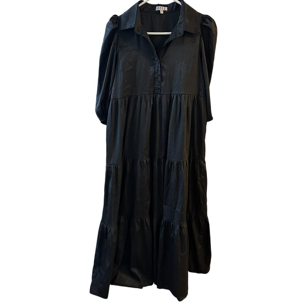 TCEC Black Sheen Tiered Babydoll‎ Puffy Sleeved Dress Size Small